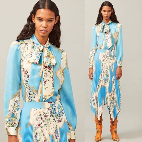 NEW Tory Burch Printed Satin Bow Tie Long-Sleeve Button-Up Blouse Blue Size: 4 - Picture 1 of 8